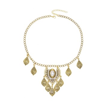 N-8135 Vintage Gold Leaf Tassel Crystal Pendant Necklace