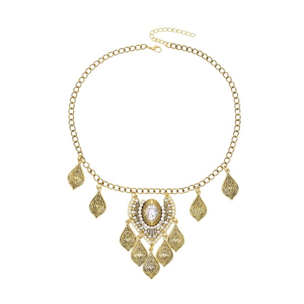 N-8135 Vintage Gold Leaf Tassel Crystal Pendant Necklace
