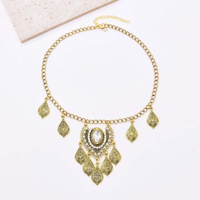 N-8135 Vintage Gold Leaf Tassel Crystal Pendant Necklace