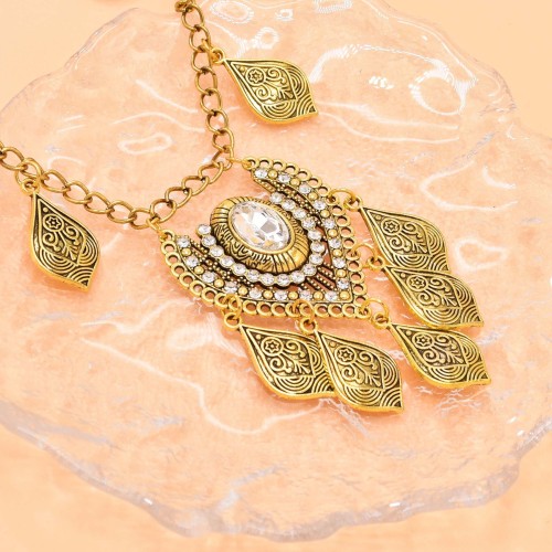 N-8135 Vintage Gold Leaf Tassel Crystal Pendant Necklace