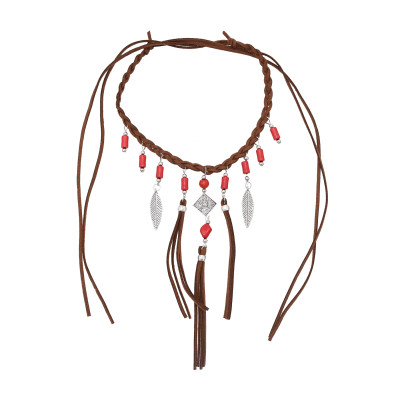 N-8139  Handmade Rope Woven Leather Turquoise Pendant Necklace Bohemian Traditional Clothing Choker Jewelry