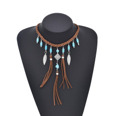 N-8139  Handmade Rope Woven Leather Turquoise Pendant Necklace Bohemian Traditional Clothing Choker Jewelry