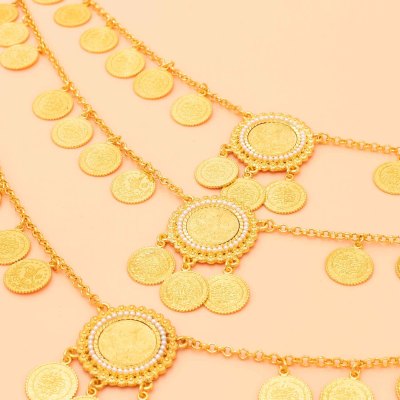 N-8140 3 Layers Women Shoulder Chains Coins Pendant Statement Body Jewelry