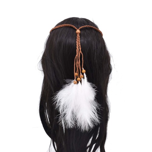 F-1098 White Feather Pendant Leather Headband for Women