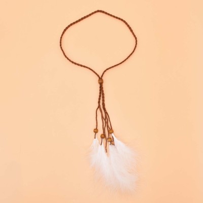 F-1098 White Feather Pendant Leather Headband for Women