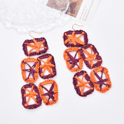 E-6612 Hand Woven Raffia Tassel Pendant Women Earrings Bohemian Ethnic Rhinestones Statement Drop Earrings