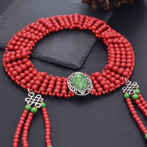 F-1100 Fashion Ethnic Acryic Beads Dark Green Turquoise Long Red Beads Tassel Hair Accessories