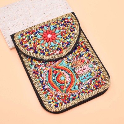 N-8148 New Palm Pattern Turquoise Rice Beads Short Handbag Women's Cosmetic Bag Girls Party Accessories