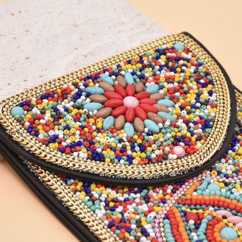N-8148 New Palm Pattern Turquoise Rice Beads Short Handbag Women's Cosmetic Bag Girls Party Accessories