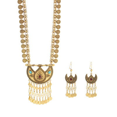 N-8168 Gold/Silver Bohemian Style Coin Tassel Necklace Earring Set Women Birthday Gift Holiday Jewelry