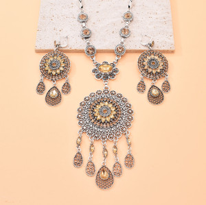 N-8170 Bohemian Turquoise Tassel Necklace Earring Set for Women Girls Party Jewelry