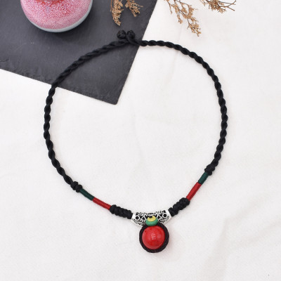 N-8181 Handmade Rope Woven Turquoise Pendant Necklace Bohemian Traditional Clothing Choker Jewelry