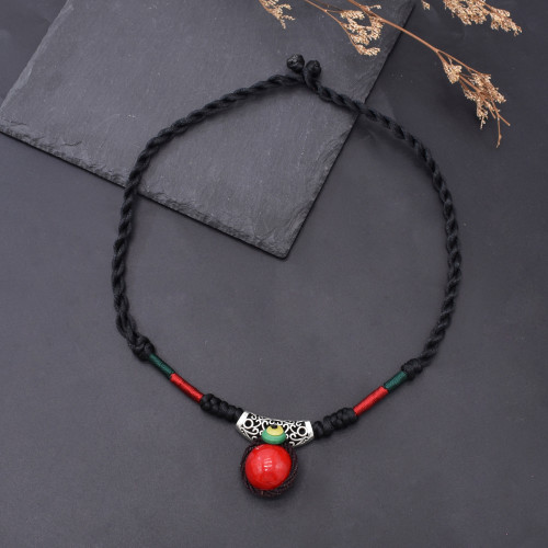 N-8181 Handmade Rope Woven Turquoise Pendant Necklace Bohemian Traditional Clothing Choker Jewelry