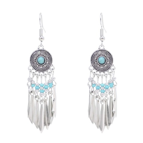 E-6632 Bohemian Ethnic Long Tassel Dangle Earrings for Women Red Blue Beads Earrings