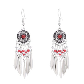 E-6632 Bohemian Ethnic Long Tassel Dangle Earrings for Women Red Blue Beads Earrings