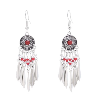 E-6632 Bohemian Ethnic Long Tassel Dangle Earrings for Women Red Blue Beads Earrings