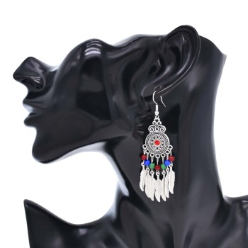 E-6632 Fashion Ethnic Silver Alloy Red Green Colorful Acrylic Beads Silver Leaf Tassel Dangle Earrings