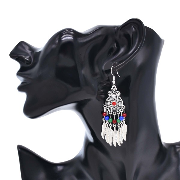 E-6632 Fashion Ethnic Silver Alloy Red Green Colorful Acrylic Beads Silver Leaf Tassel Dangle Earrings