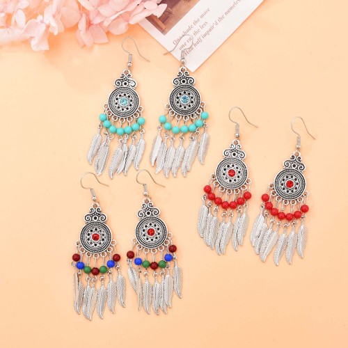 E-6632 Fashion Ethnic Silver Alloy Red Green Colorful Acrylic Beads Silver Leaf Tassel Dangle Earrings