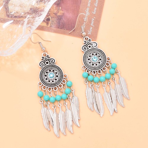 E-6632 Fashion Ethnic Silver Alloy Red Green Colorful Acrylic Beads Silver Leaf Tassel Dangle Earrings