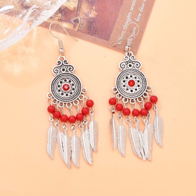 E-6632 Fashion Ethnic Silver Alloy Red Green Colorful Acrylic Beads Silver Leaf Tassel Dangle Earrings