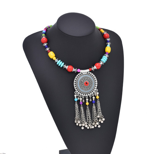 N-8182 Tibetan Colored Bead Circular Tassel Metal Necklace for Women's Party Jewelry Gifts