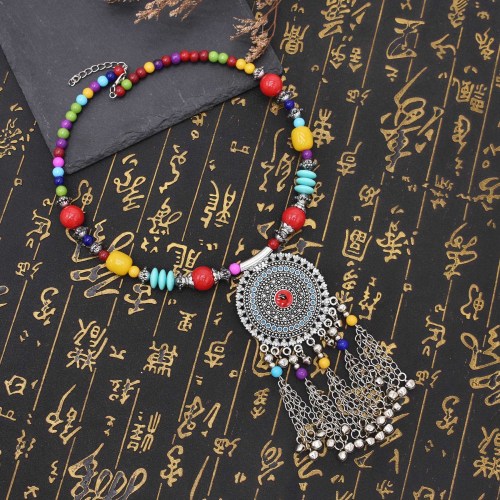 N-8182 Tibetan Colored Bead Circular Tassel Metal Necklace for Women's Party Jewelry Gifts