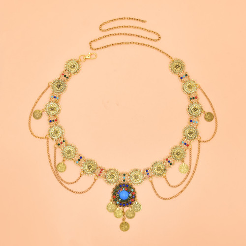 N-8174 Fashion Ethnic Coin Tassel Green Turquoise Acrylic Bead Women Body Chain Belly Chain