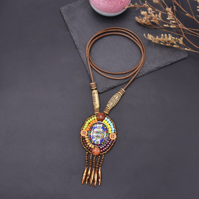N-8187 Retro Bohemian Ethnic Style Rice Pearl Shell Ceramic Pendant Tassel Necklace Women's Party Tourism Jewelry