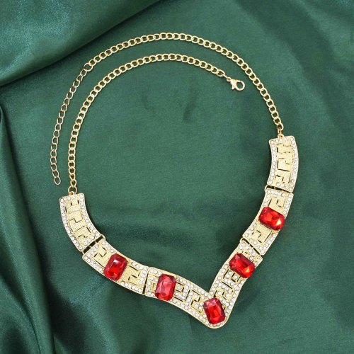 N-8198 Fashion Egypt Vintage Gold Alloy Black Red Green Crystal Necklace