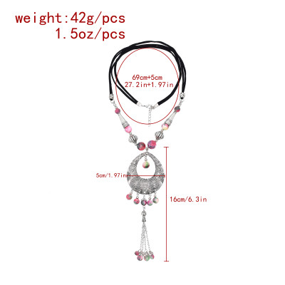 N-8199 Ethnic Silver Alloy Pink Bead Tassel Cotton Rope Necklace for Women Girls Jewelry Accessories