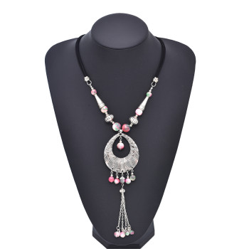 N-8199 Ethnic Silver Alloy Pink Bead Tassel Cotton Rope Necklace for Women Girls Jewelry Accessories
