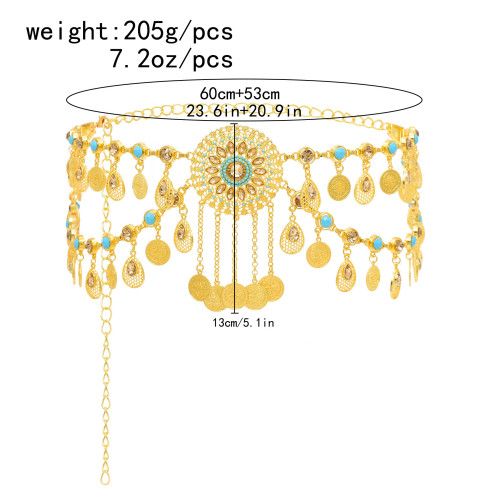 N-8201 New Gold Coins Tassel Waist Chain Body Jewelry Hollow Drop Crystal Belts for Women