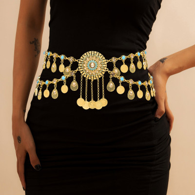 N-8201 New Gold Coins Tassel Waist Chain Body Jewelry Hollow Drop Crystal Belts for Women