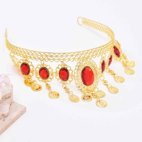 F-1118 Fasion Gold Alloy Red Crystal Coin Tassel Hair Accessories for Women
