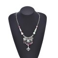 N-8122 Ethnic Silver Alloy Pink Bead Tassel Cotton Rope Necklace for Women Grils