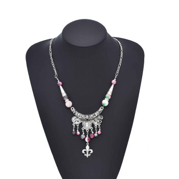 N-8122 Ethnic Silver Alloy Pink Bead Tassel Cotton Rope Necklace for Women Grils