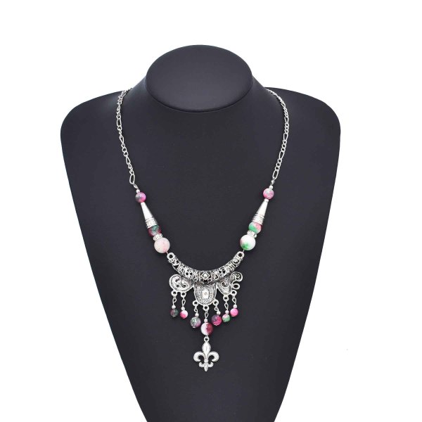 N-8122 Ethnic Silver Alloy Pink Bead Tassel Cotton Rope Necklace for Women Grils