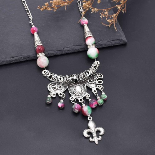 N-8122 Ethnic Silver Alloy Pink Bead Tassel Cotton Rope Necklace for Women Grils
