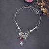 N-8122 Ethnic Silver Alloy Pink Bead Tassel Cotton Rope Necklace for Women Grils