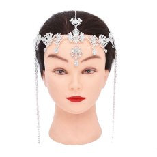 F-1122 Silver Women Headband Wedding Ethnic Tassel Rhinestones Long Hair Jewelry