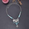 N-8122 Ethnic Silver Alloy Pink Bead Tassel Cotton Rope Necklace for Women Grils