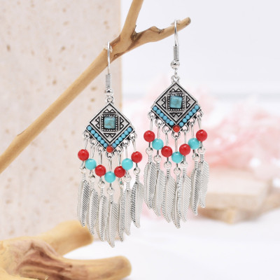 E-6644 New Bohemian Style Leaf Tassel Bead Pendant Earrings Women's Beach Party Jewelry Gifts