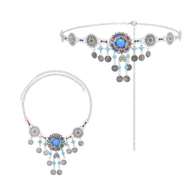 N-8210 Vintage Bohemian Turquoise Coin Tassel Headband Necklace Set Ethnic Statement Hair Jewelry for Women Girls