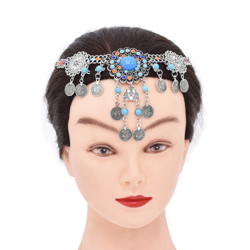 N-8210 Vintage Bohemian Turquoise Coin Tassel Headband Necklace Set Ethnic Statement Hair Jewelry for Women Girls