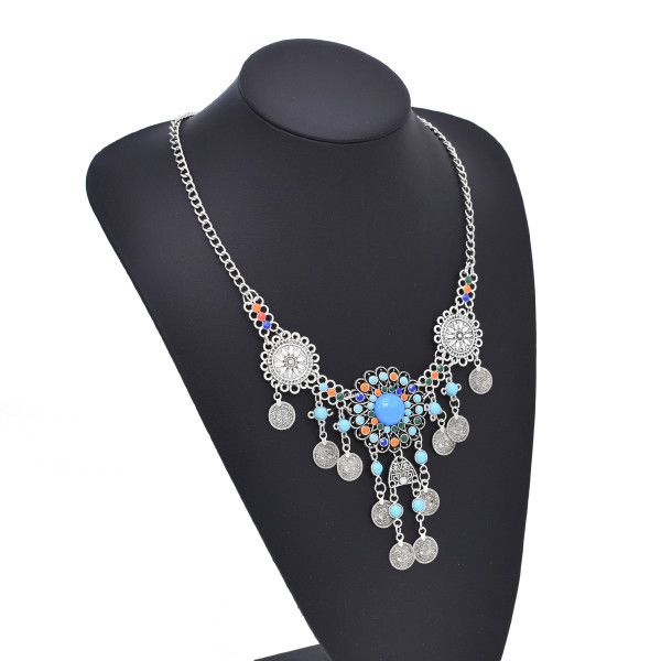 N-8210 Vintage Bohemian Turquoise Coin Tassel Headband Necklace Set Ethnic Statement Hair Jewelry for Women Girls