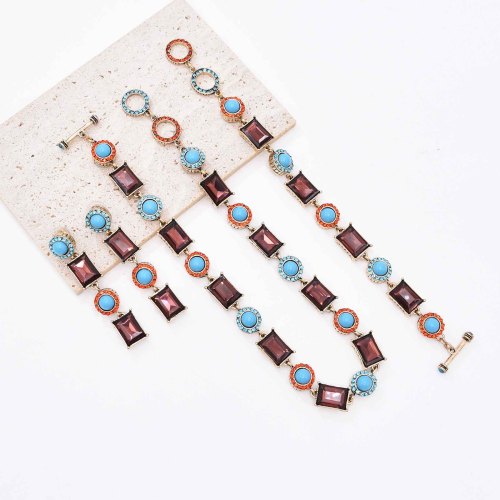 S-0105 Fashion Crystal Turquoise Necklace Bracelet Dangle Earrings Jewelry Set