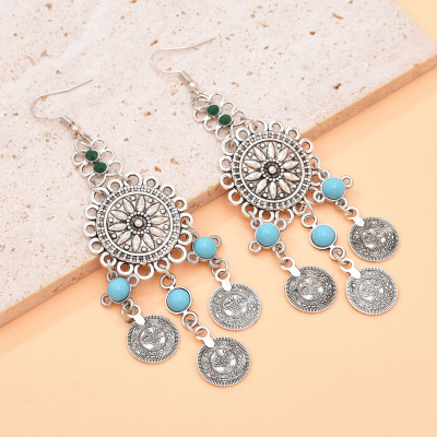 N-8210 New Turquoise Coin Women Drop Earrings Vintage Bohemian Ethnic Statement Earrings