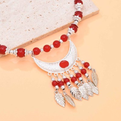 N-8217 Vintage Silver Leaf Tassel Tibetan Blue Green Red Colorful Beaded Choker Necklace Hair Accessories