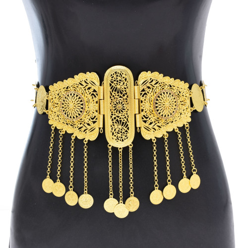 N-8216 Gold plated  Coin tassels Geometric Carved Flower Metal Waist Belly Chains Middle Eastern style